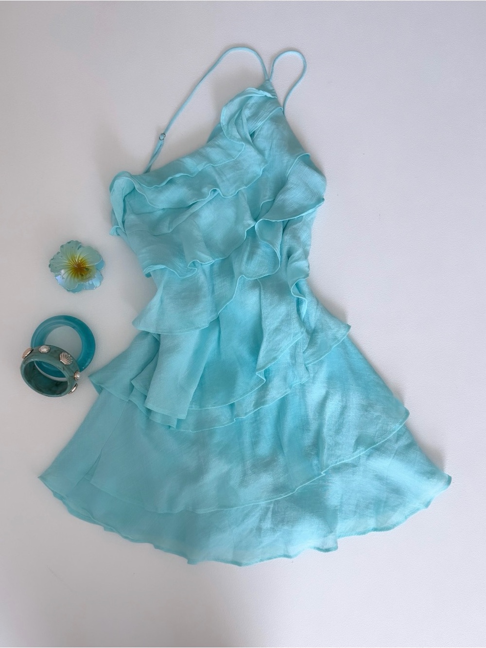Selfie Leslie Aqua Ruffled Spaghetti-Strap Mini Dress - Picture 4 of 10